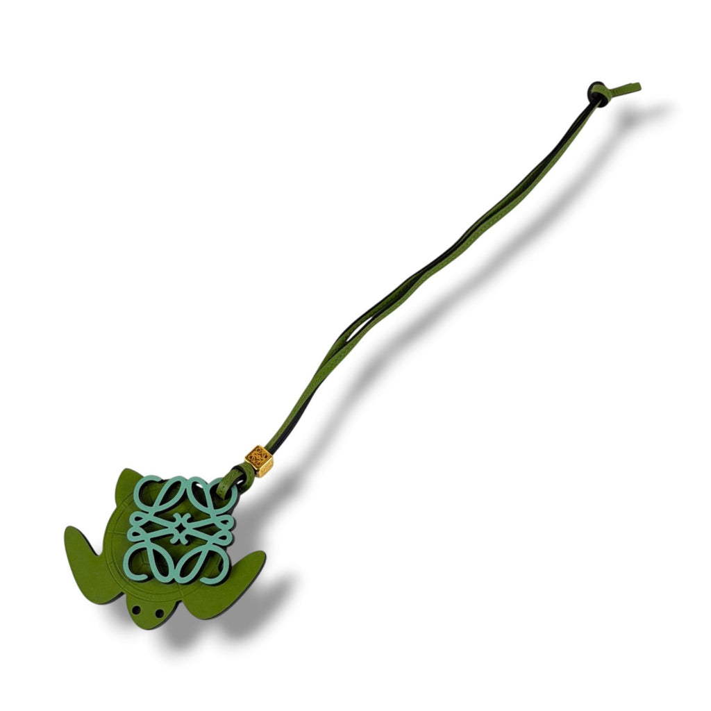 Loewe Bag Charm Anagram Logo Turtle Motif Green Leather Strap Key Holder — view 3