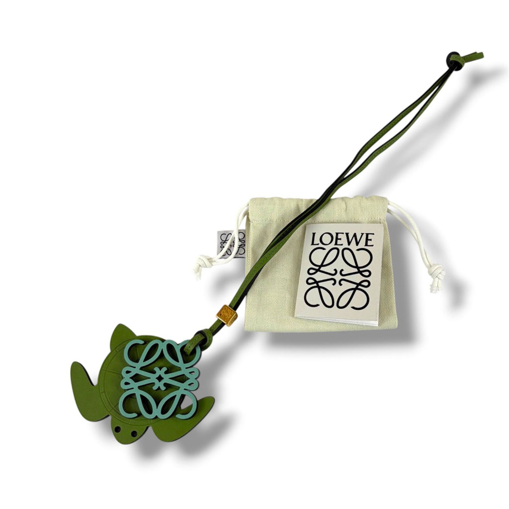 Loewe Bag Charm Anagram Logo Turtle Motif Green Leather Strap Key Holder — view 2