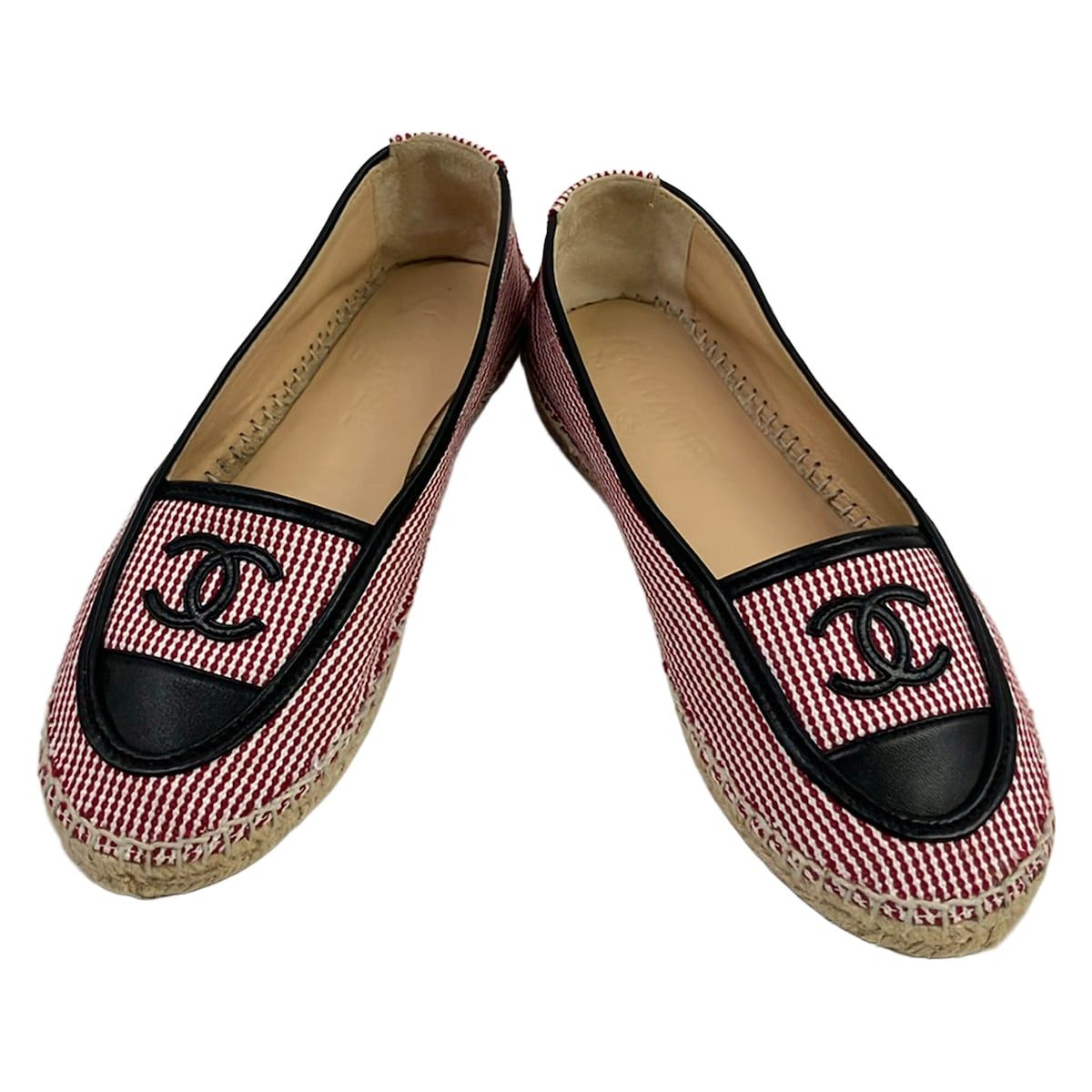 Chanel Slip Ons 36 Red White Black CC Logo Espadrilles Linen Leather Slipper — view 2