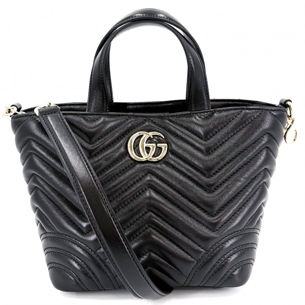 Gucci 2-Way GG Marmont Quilted Shoulder Bag Crossbody Leather Black Gold