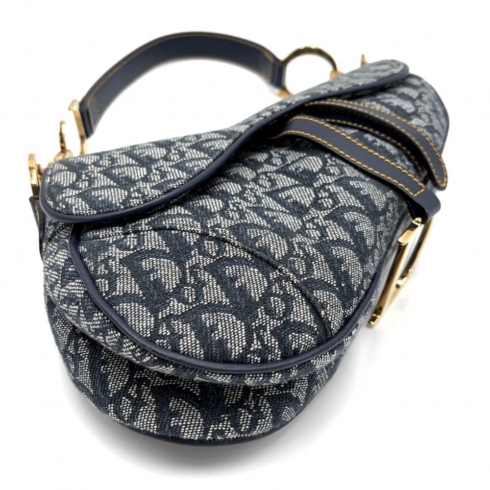 Dior Oblique Saddle Bag Canvas Leather Navy Gold — view 3