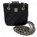 Chanel Shoulder Bag Mini Pochette CC Logo Crossbody Quilted Leather Black Gold