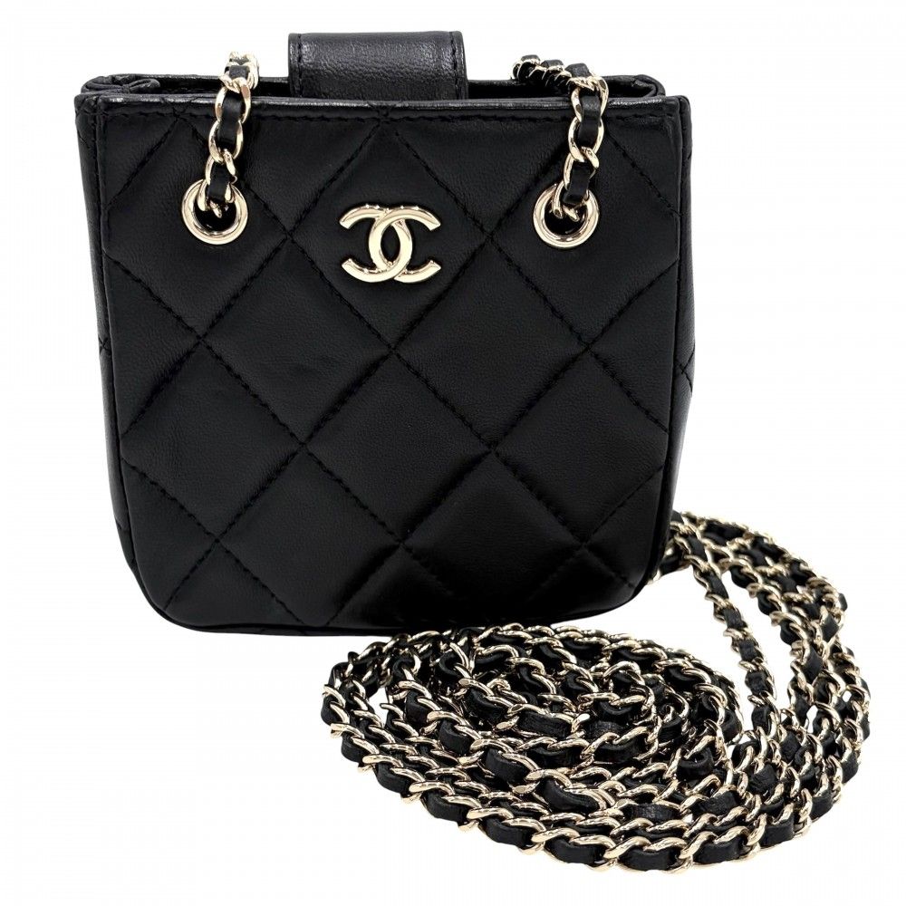 Chanel Shoulder Bag Mini Pochette CC Logo Crossbody Quilted Leather Black Gold