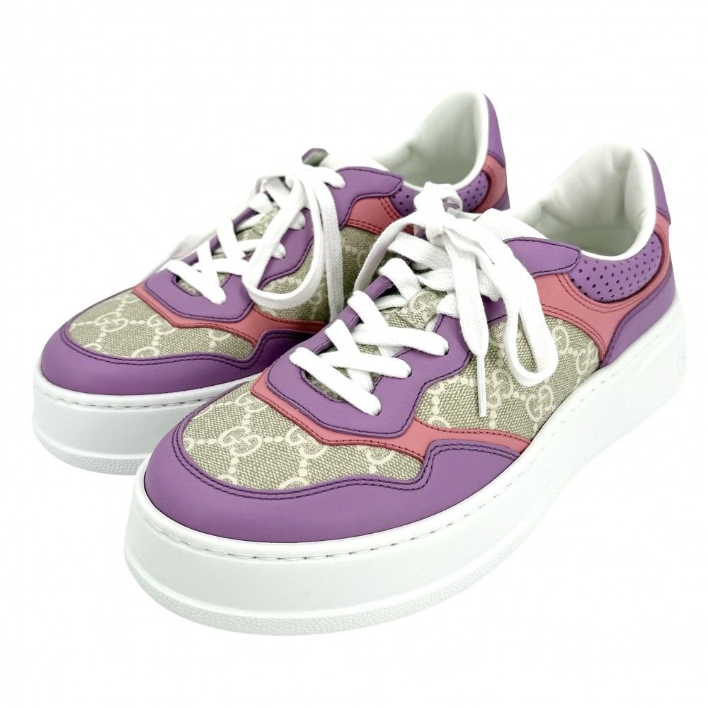 Gucci Sneakers Low Cut Shoes 38 GG Supreme Canvas Leather Beige White