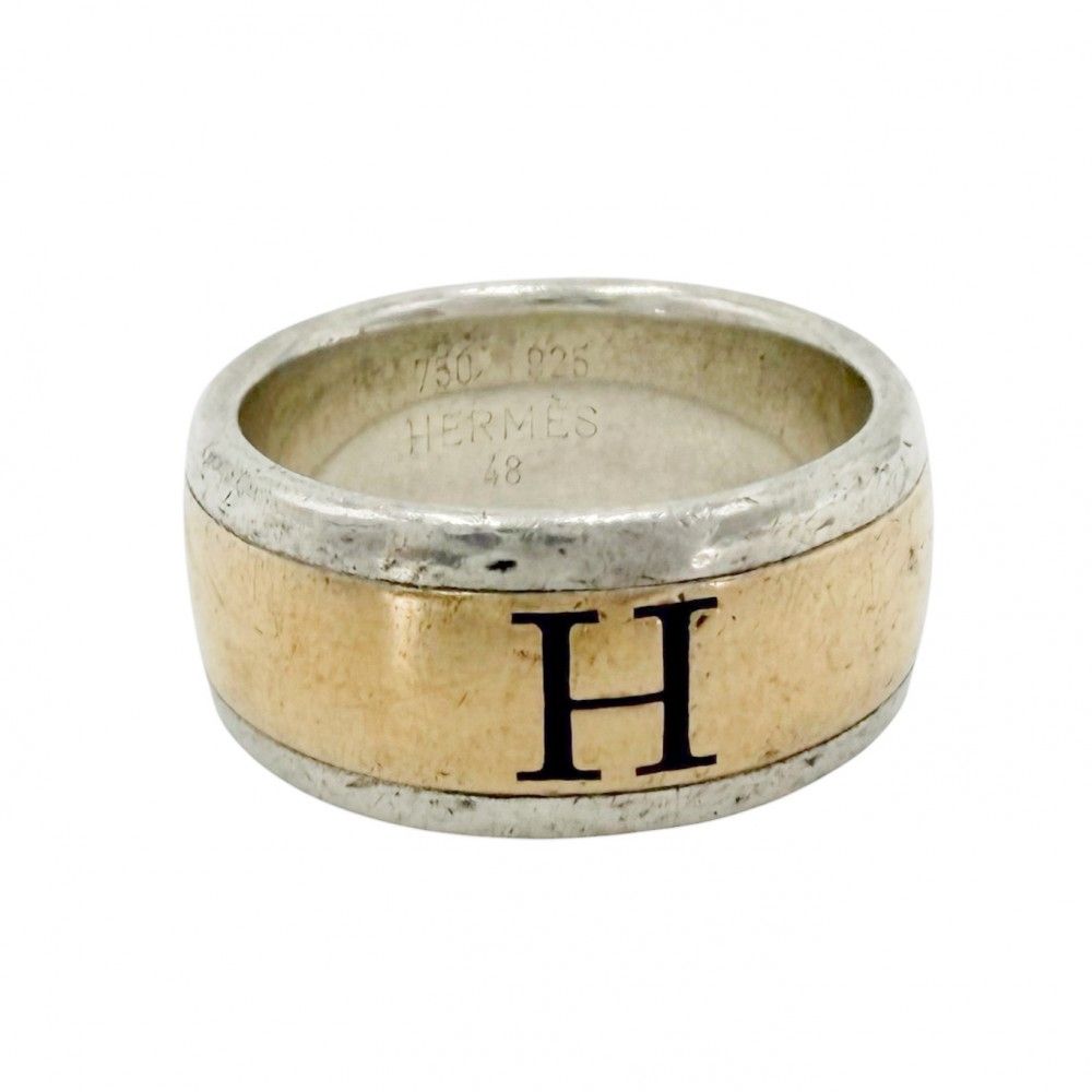 Hermes Ring Logo 18k YG 48 Combination Gold 925 Sterling Silver
