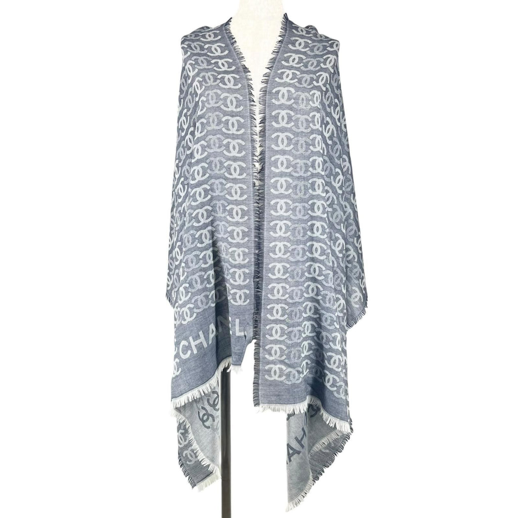 Chanel Cashmere CC Logo Double C Large Fringe Shawl Navy White Scarf — view 2