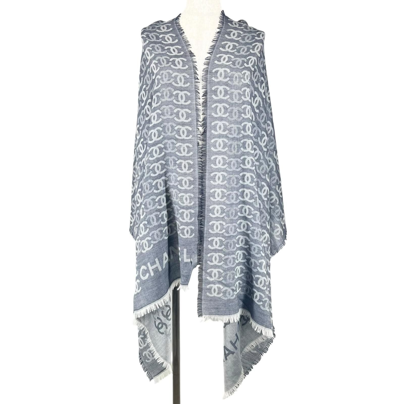 Chanel Cashmere CC Logo Double C Large Fringe Shawl Navy White Scarf — view 2