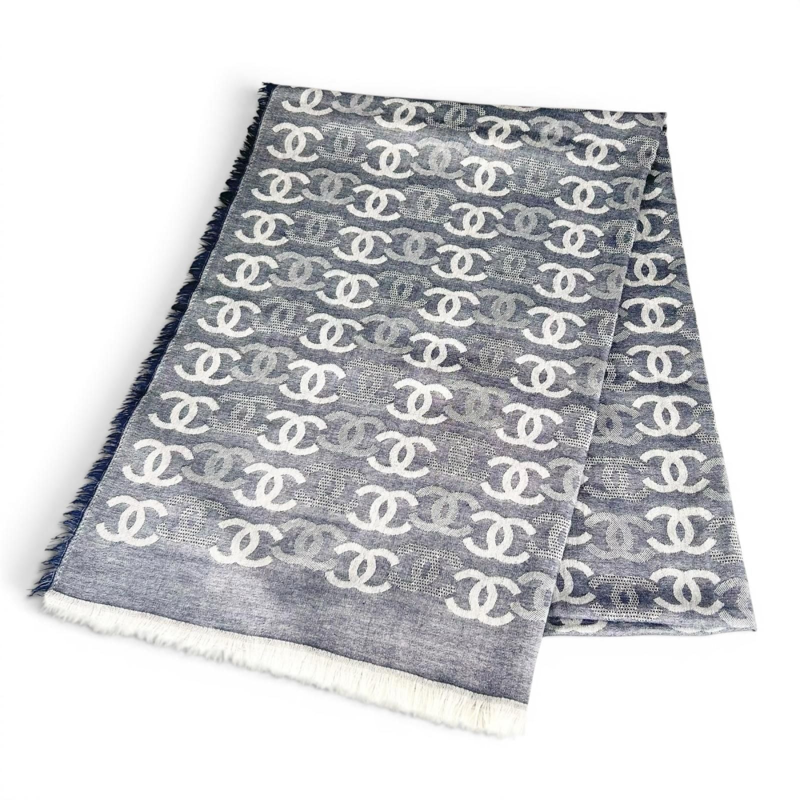 Chanel Cashmere CC Logo Double C Large Fringe Shawl Navy White Scarf