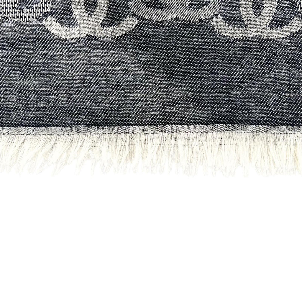Chanel Cashmere CC Logo Double C Large Fringe Shawl Navy White Scarf — view 4