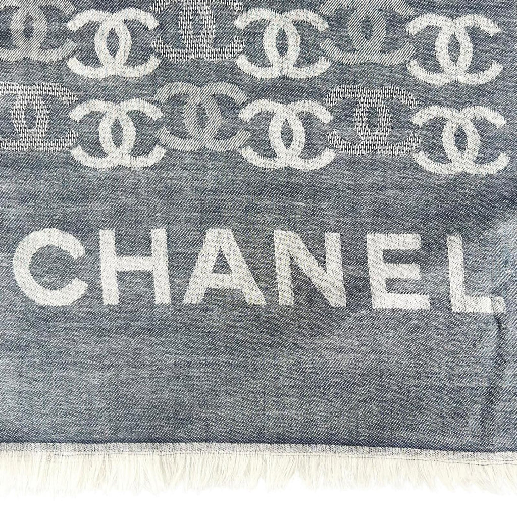 Chanel Cashmere CC Logo Double C Large Fringe Shawl Navy White Scarf — view 5