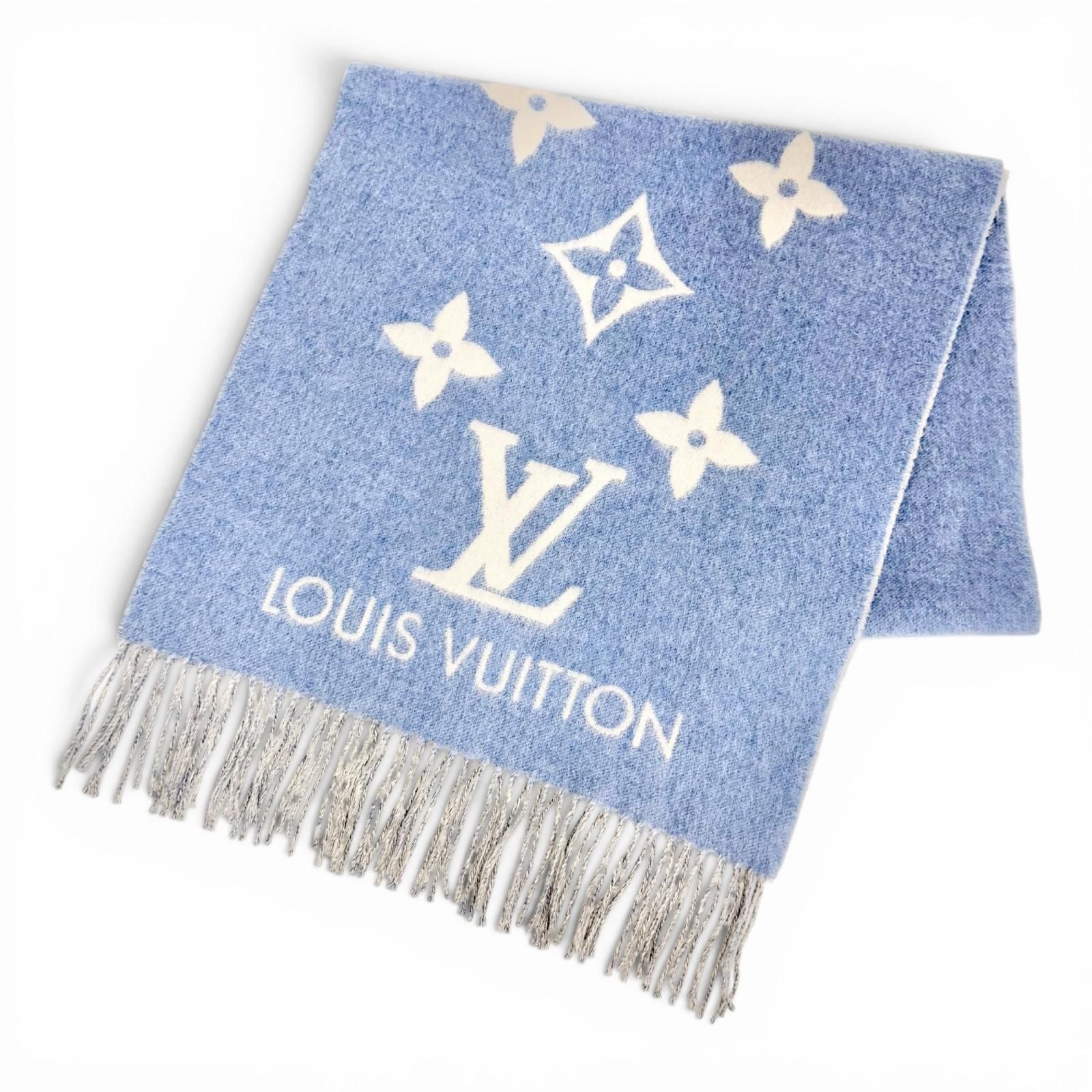 Louis Vuitton Echarpe Reykjavik Cashmere 100% Monogram Fringe Scarf Blue