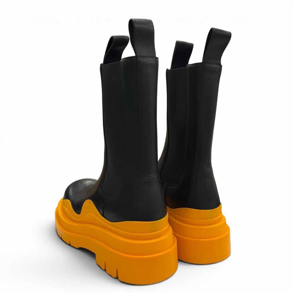 Bottega Veneta Leather Side Gore Tire Chelsea Boots Black Orange — view 5