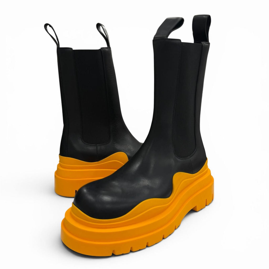 Bottega Veneta Leather Side Gore Tire Chelsea Boots Black Orange