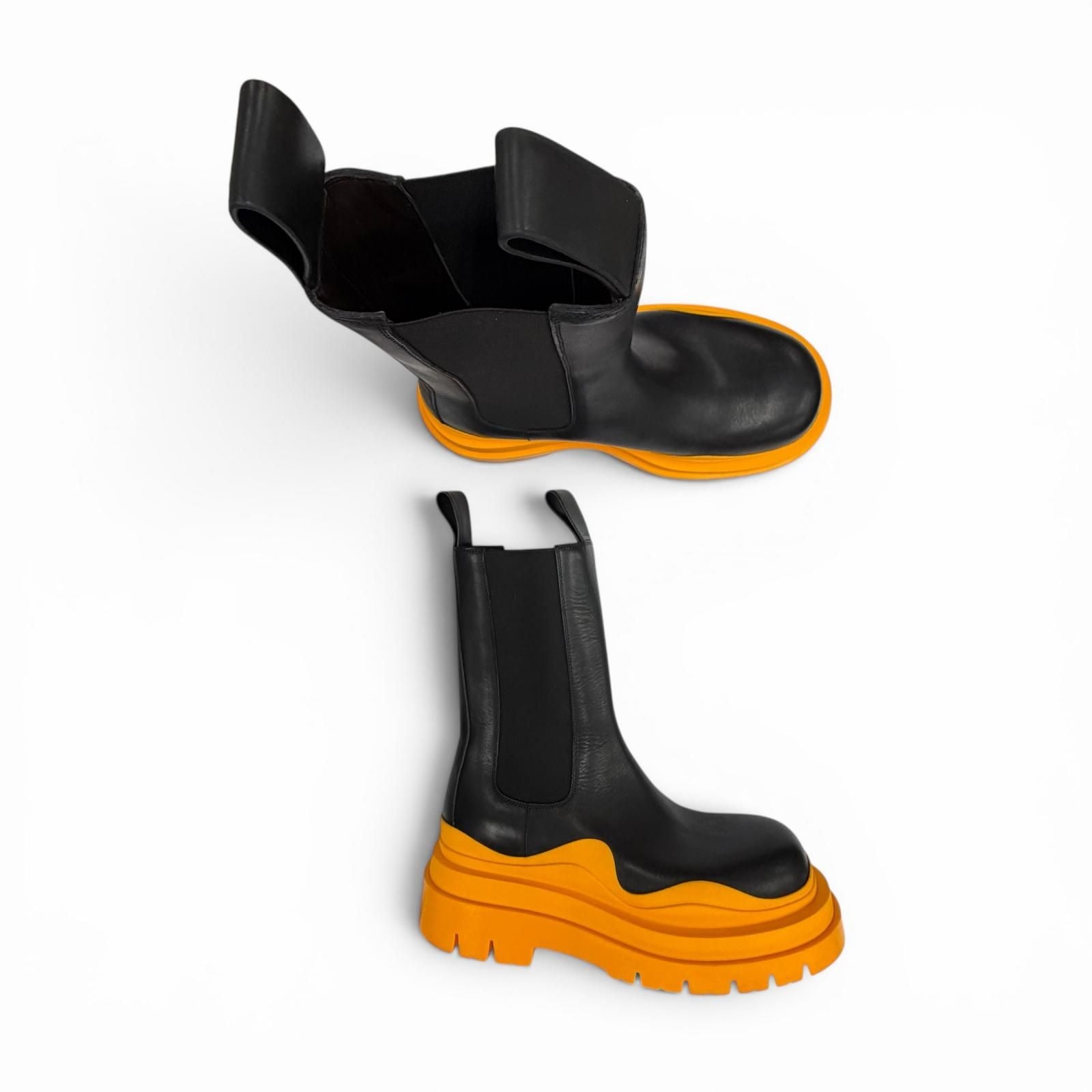 Bottega Veneta Leather Side Gore Tire Chelsea Boots Black Orange — view 7