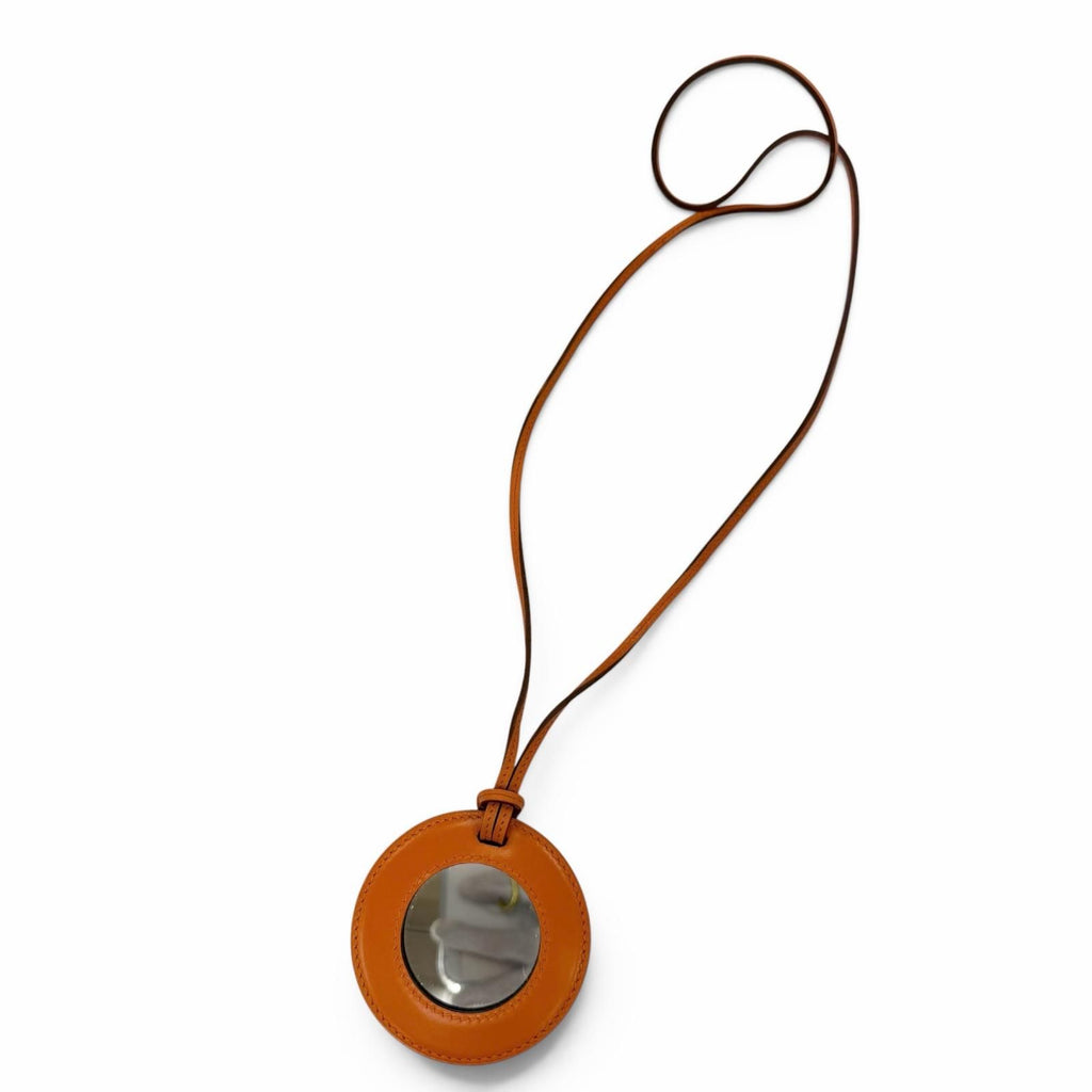 Hermes Vintage in the Pocket Loupe Necklace Leather Mirror Orange with — view 3