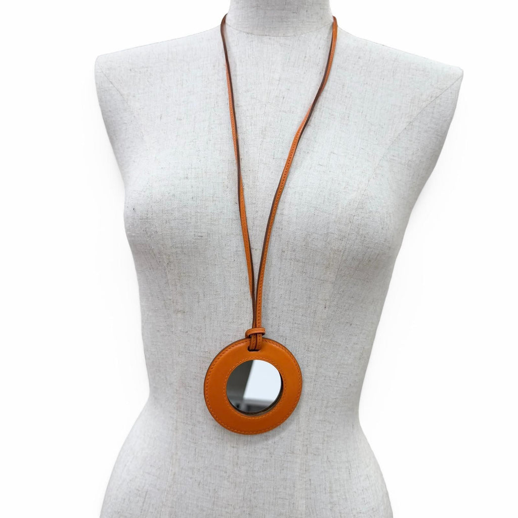 Hermes Vintage in the Pocket Loupe Necklace Leather Mirror Orange with — view 4