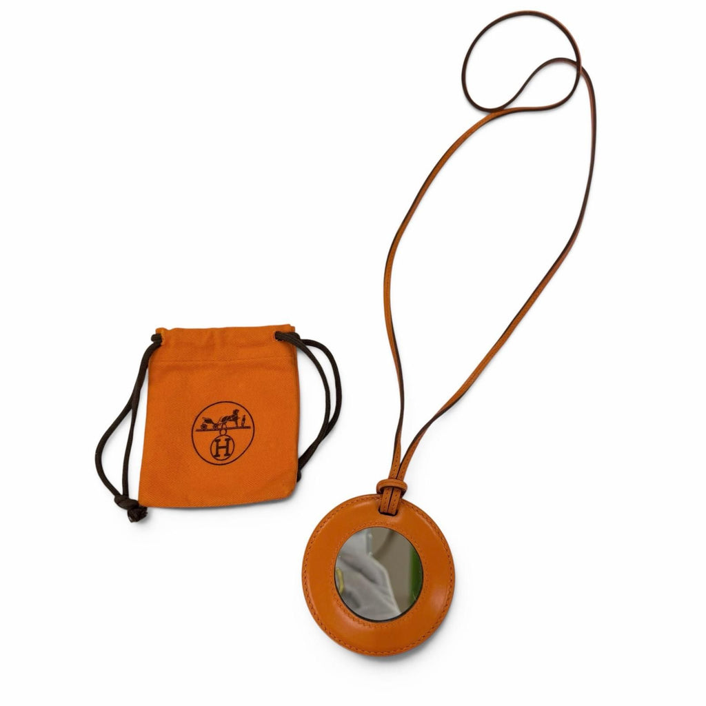 Hermes Vintage in the Pocket Loupe Necklace Leather Mirror Orange with — view 2