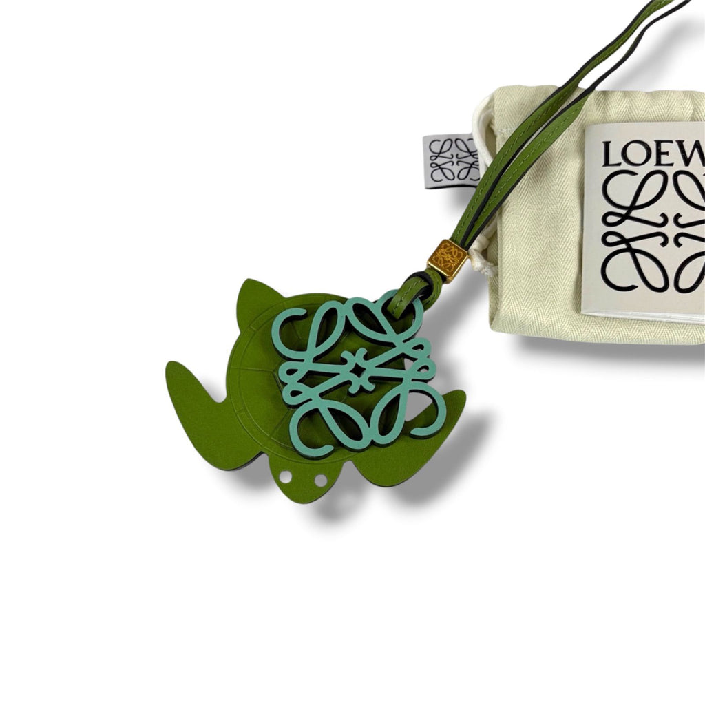 Loewe Bag Charm Anagram Logo Turtle Motif Green Leather Strap Key Holder