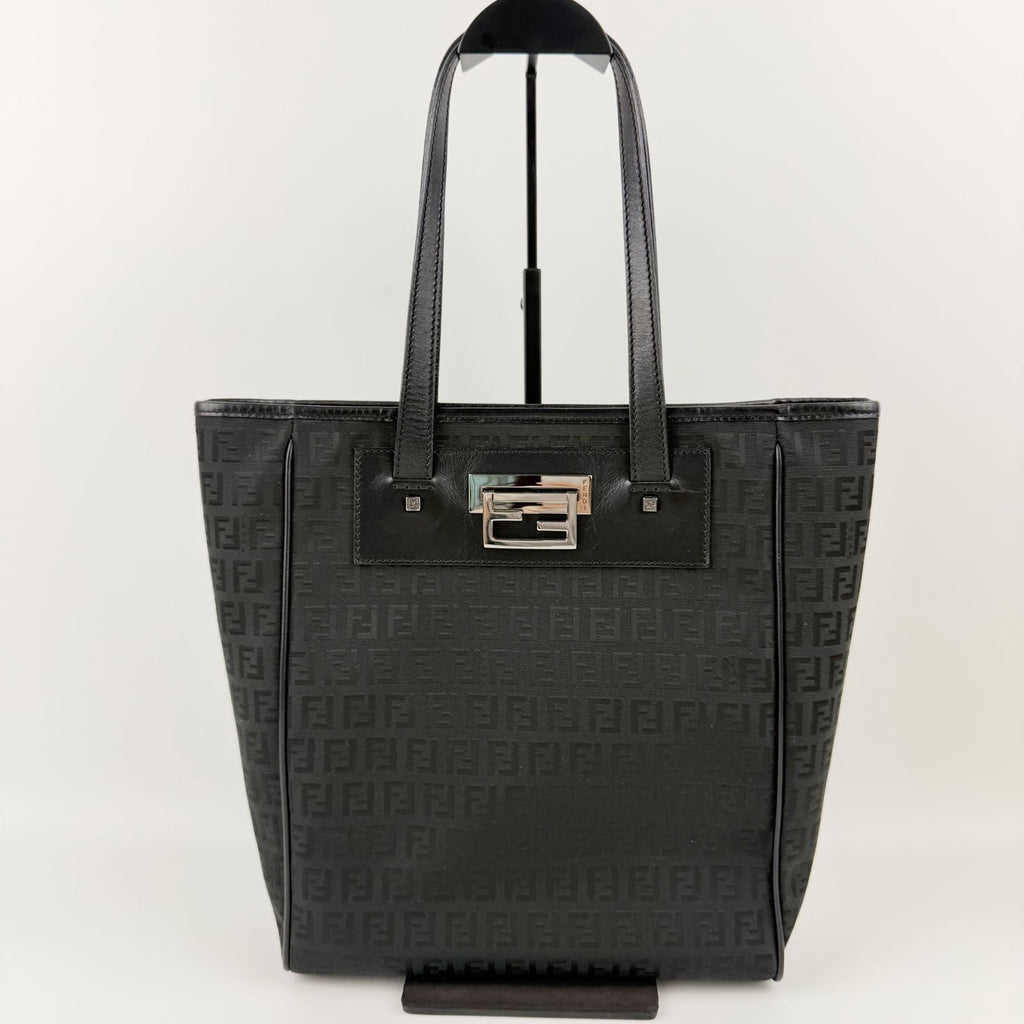 Fendi Zucca Pattern FF Logo Tote Canvas Leather Black Silver Vintage — view 4