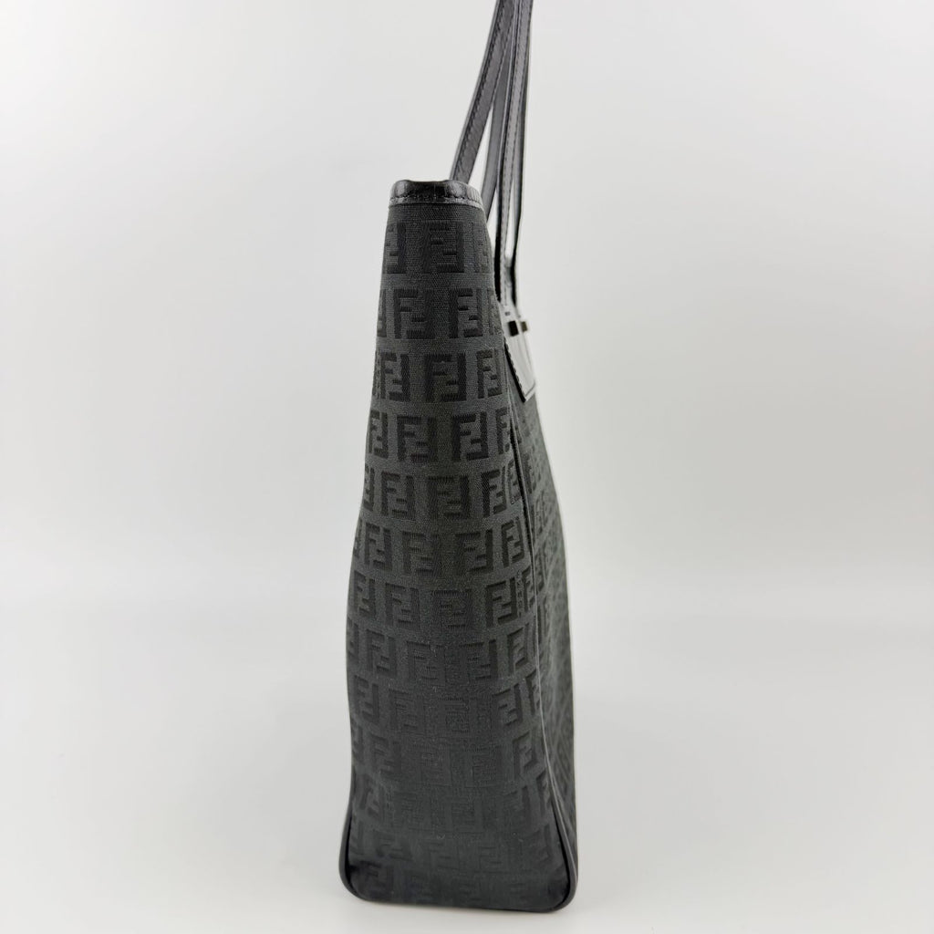 Fendi Zucca Pattern FF Logo Tote Canvas Leather Black Silver Vintage — view 7