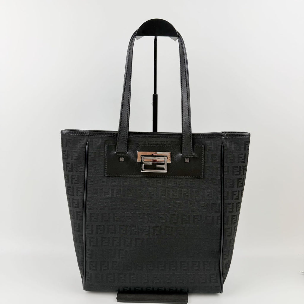 Fendi Zucca Pattern FF Logo Tote Canvas Leather Black Silver Vintage