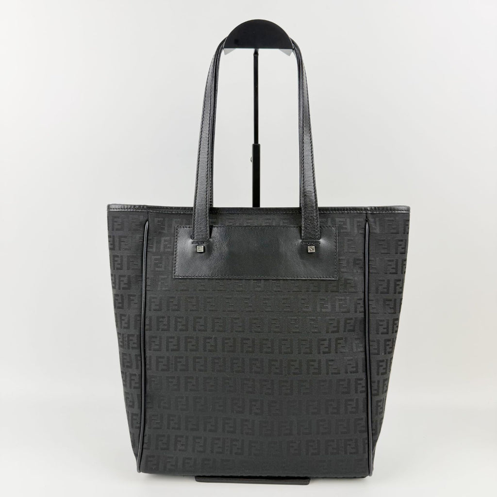 Fendi Zucca Pattern FF Logo Tote Canvas Leather Black Silver Vintage — view 5