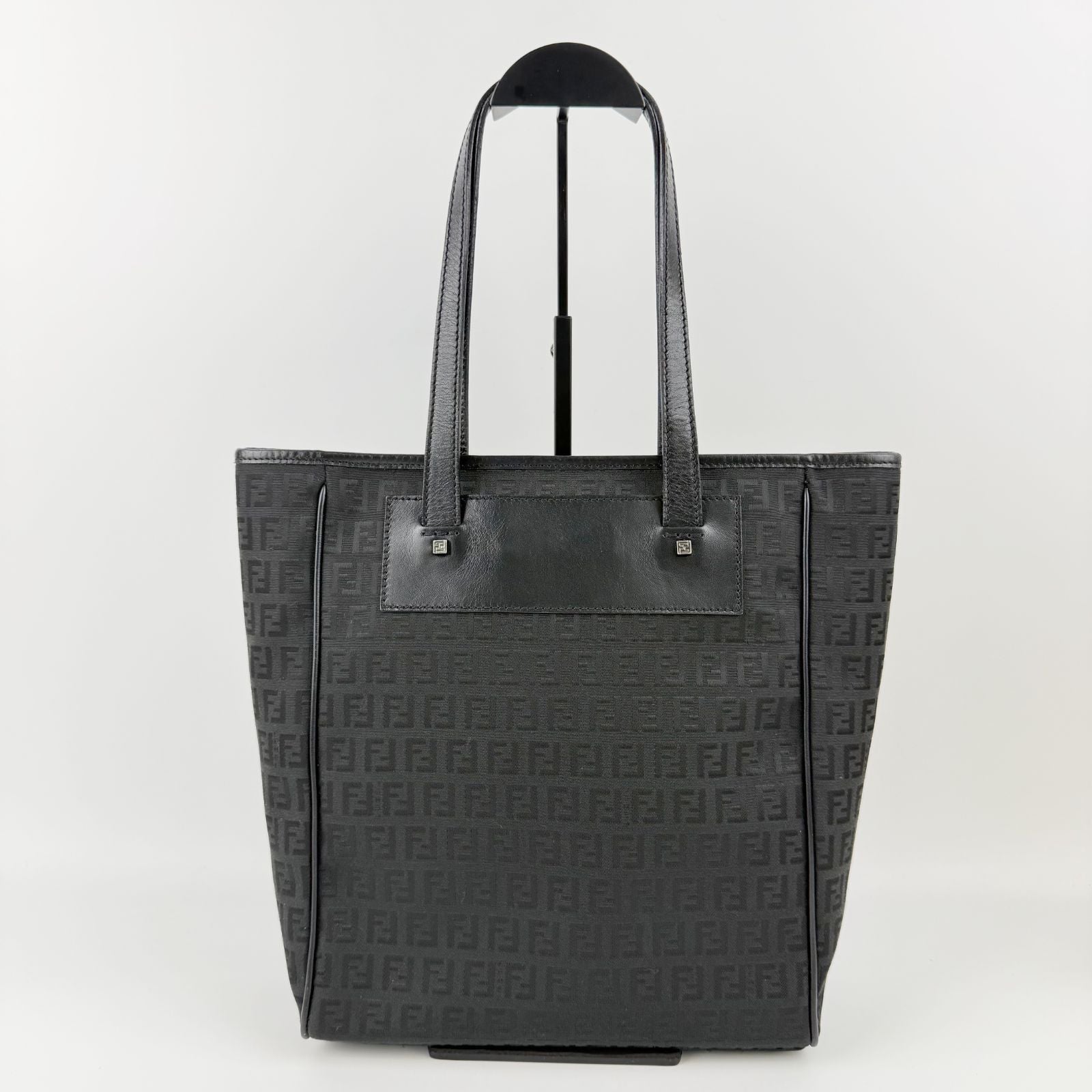 Fendi Zucca Pattern FF Logo Tote Canvas Leather Black Silver Vintage — view 5