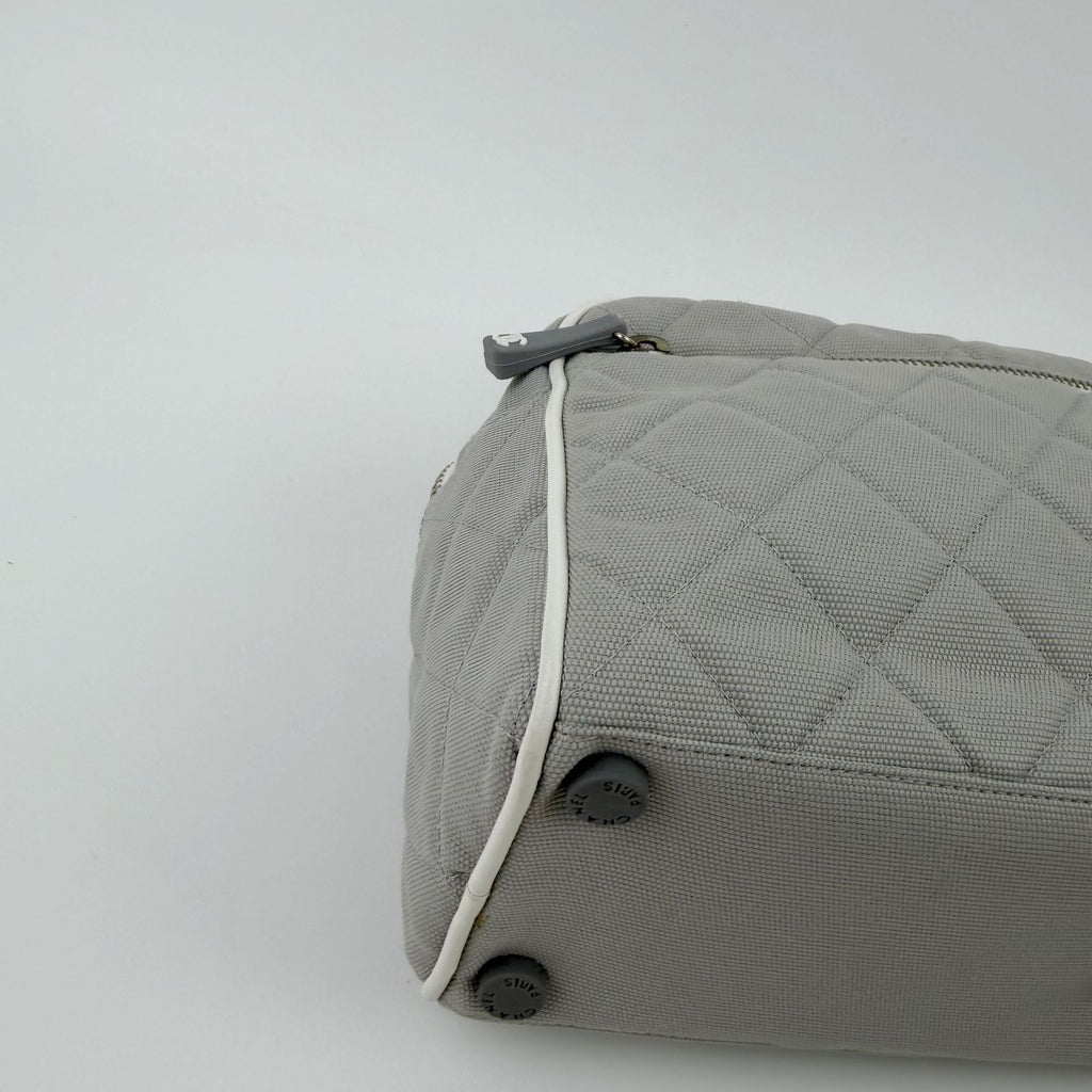 Chanel Sports Line CC Logo Quilted Boston Bag Nylon Leather Gray White Silver — view 8