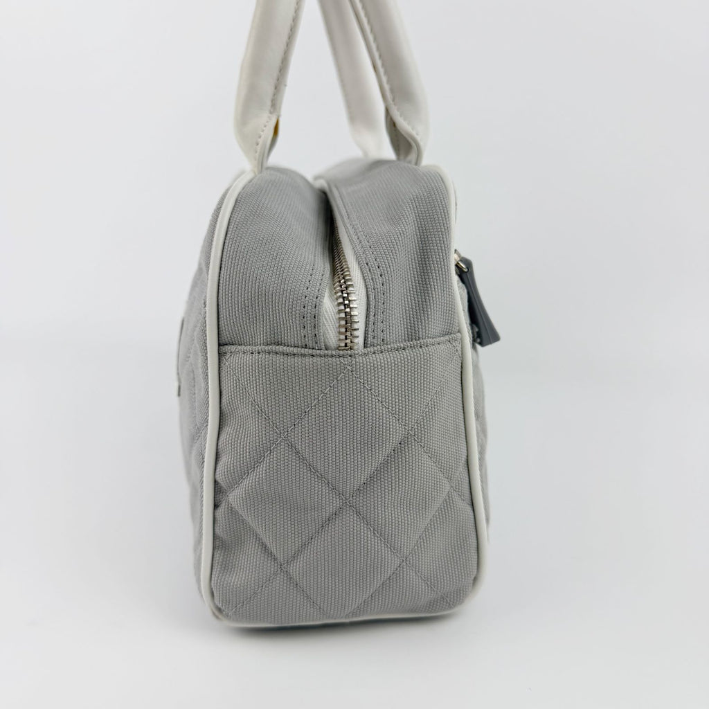 Chanel Sports Line CC Logo Quilted Boston Bag Nylon Leather Gray White Silver — view 5