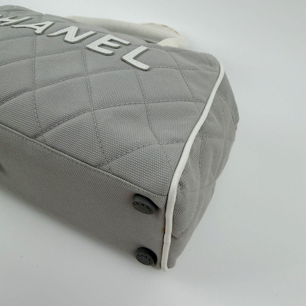Chanel Sports Line CC Logo Quilted Boston Bag Nylon Leather Gray White Silver — view 9