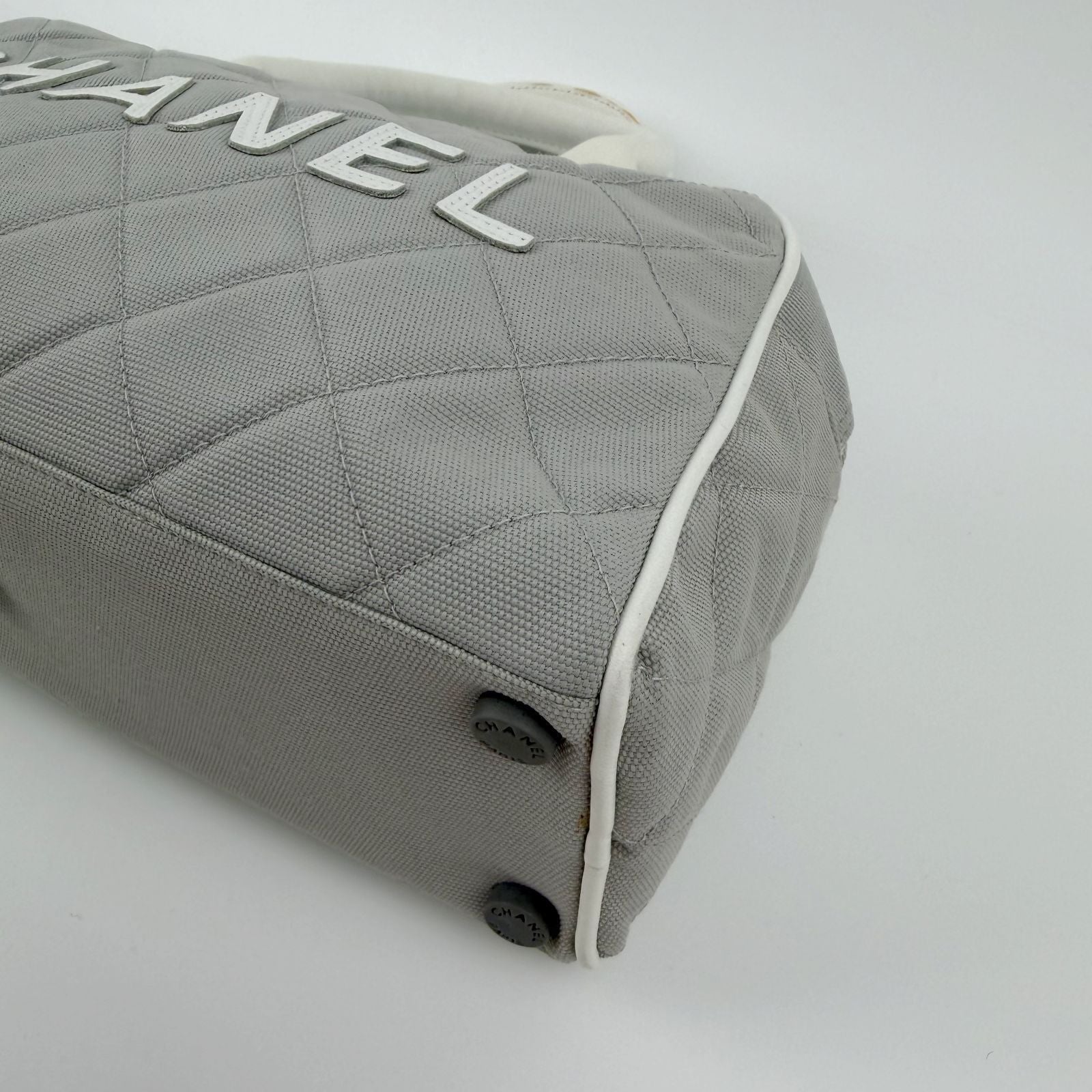 Chanel Sports Line CC Logo Quilted Boston Bag Nylon Leather Gray White Silver — view 9