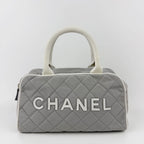 Chanel Sports Line CC Logo Quilted Boston Bag Nylon Leather Gray White Silver