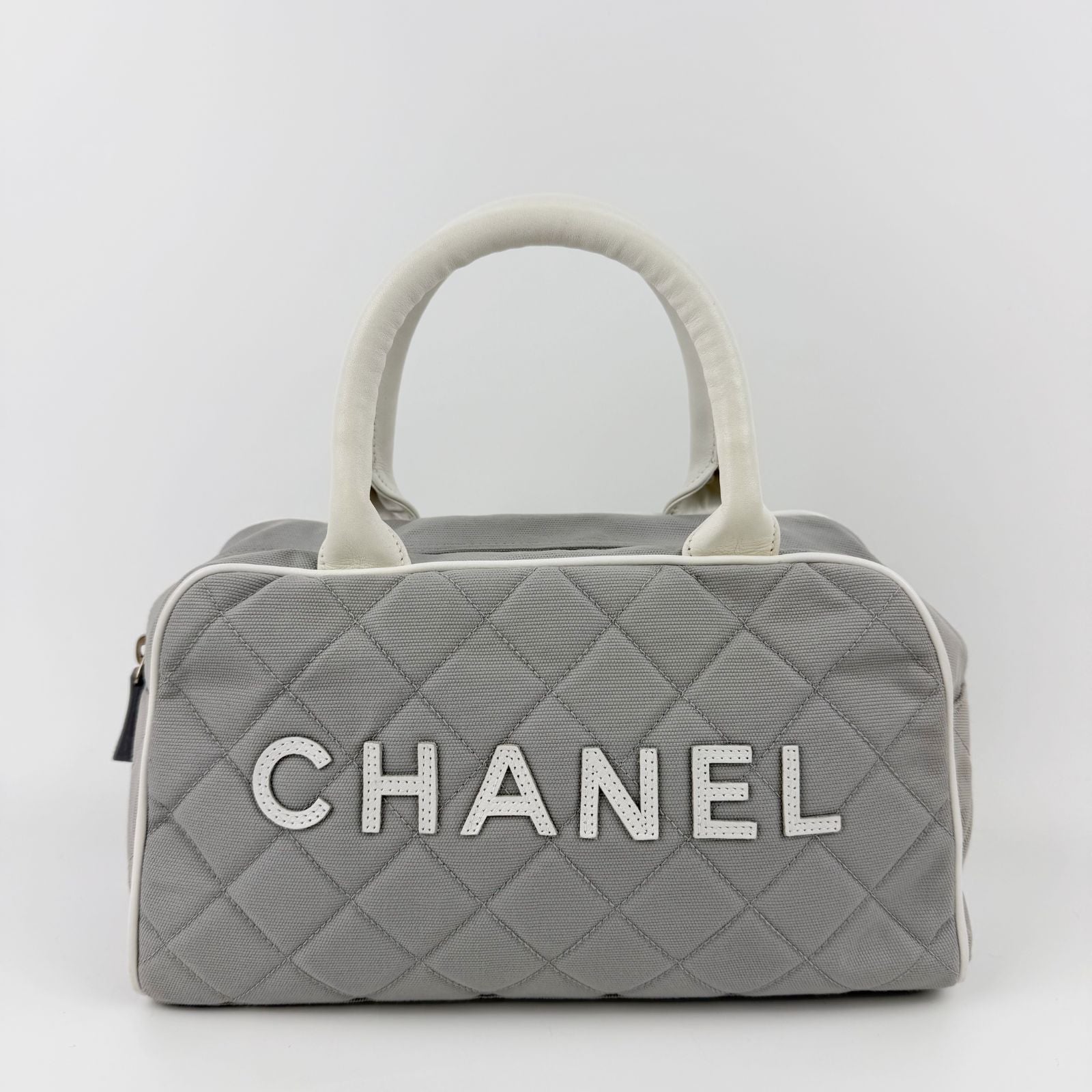 Chanel Sports Line CC Logo Quilted Boston Bag Nylon Leather Gray White Silver