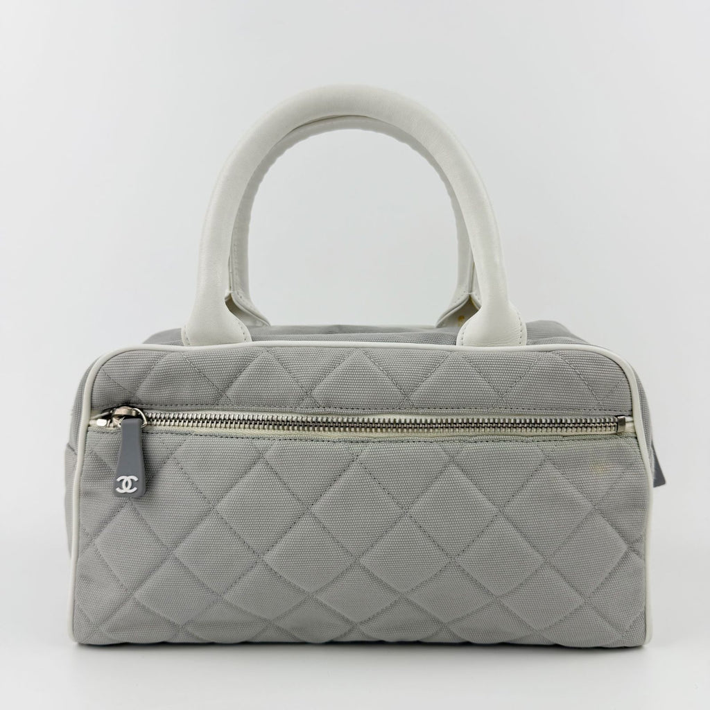 Chanel Sports Line CC Logo Quilted Boston Bag Nylon Leather Gray White Silver — view 2
