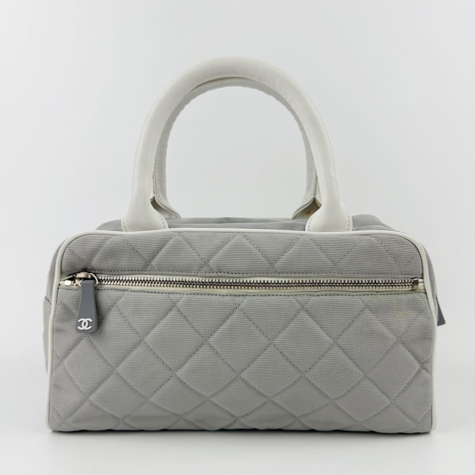 Chanel Sports Line CC Logo Quilted Boston Bag Nylon Leather Gray White Silver — view 2