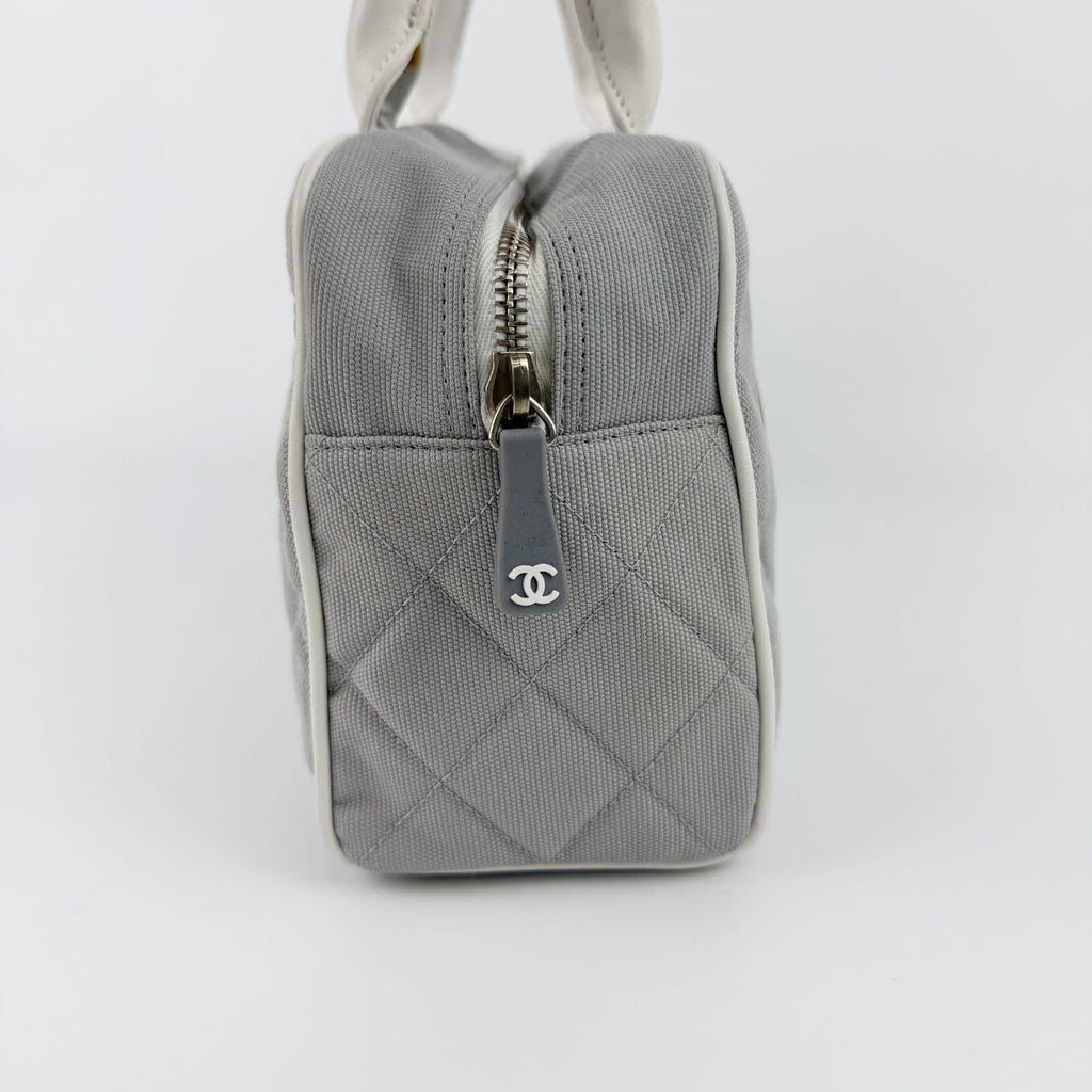 Chanel Sports Line CC Logo Quilted Boston Bag Nylon Leather Gray White Silver — view 4