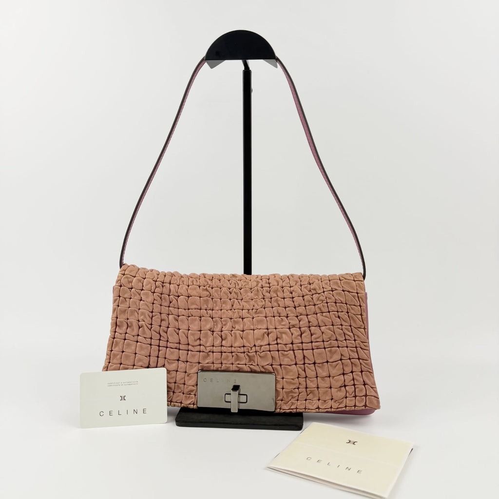 Celine Triomphe Flap Shoulder Bag Leather Pink Beige Silver Vintage
