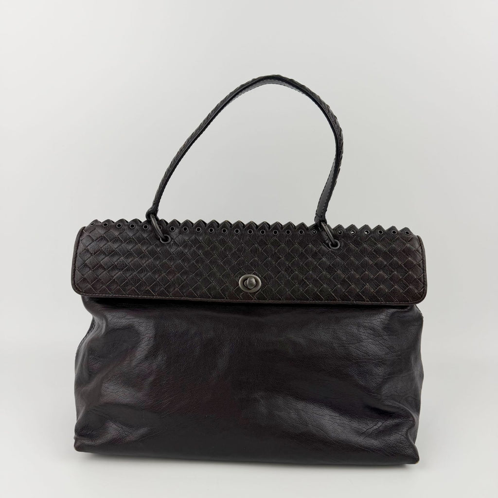 Bottega Veneta Intrecciato Flap Shoulder Bag Tote Leather Dark Brown Vintage — view 2