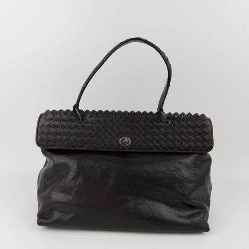 Bottega Veneta Intrecciato Flap Shoulder Bag Tote Leather Dark Brown Vintage — view 2