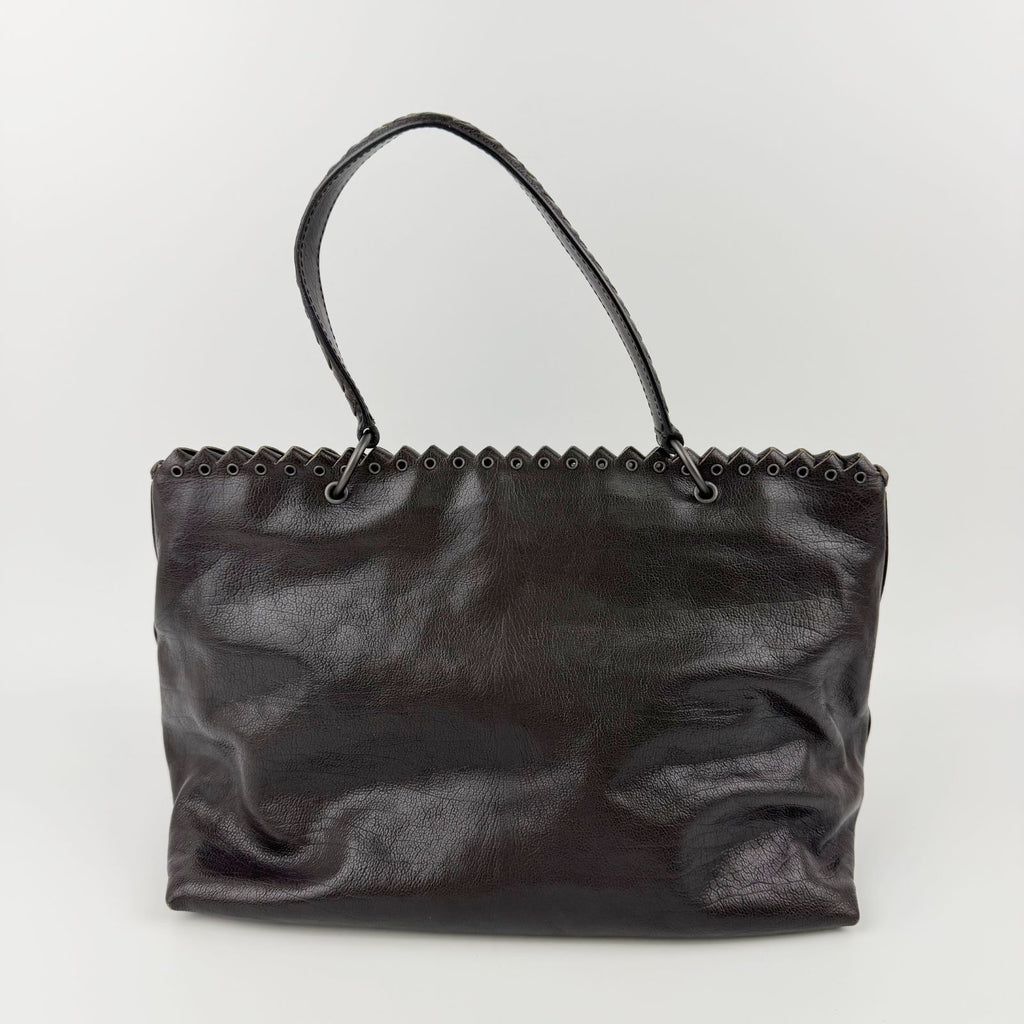 Bottega Veneta Intrecciato Flap Shoulder Bag Tote Leather Dark Brown Vintage