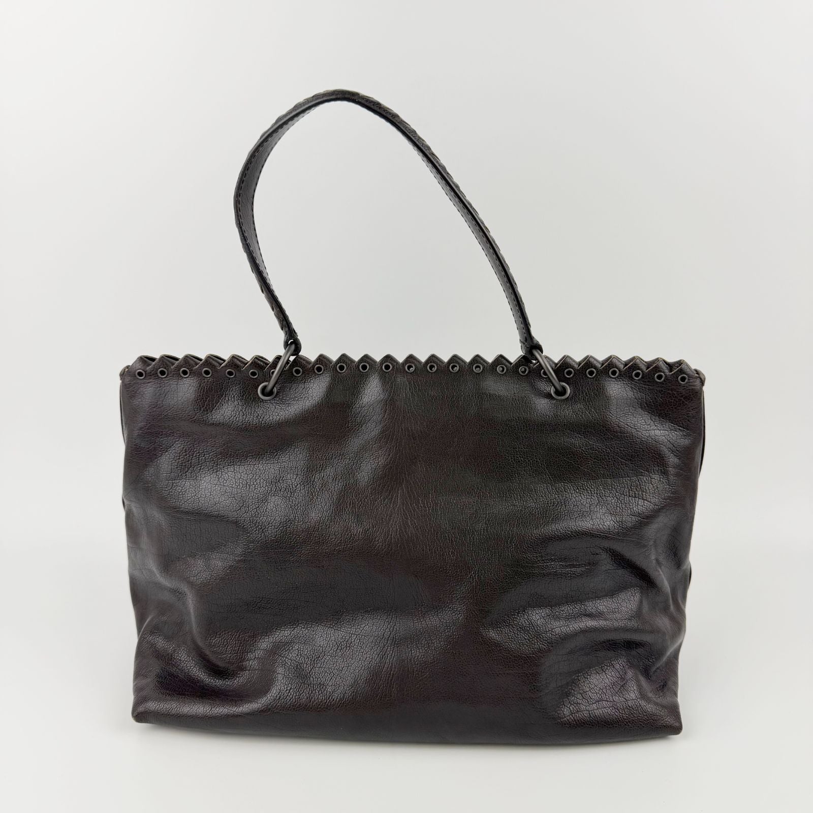 Bottega Veneta Intrecciato Flap Shoulder Bag Tote Leather Dark Brown Vintage