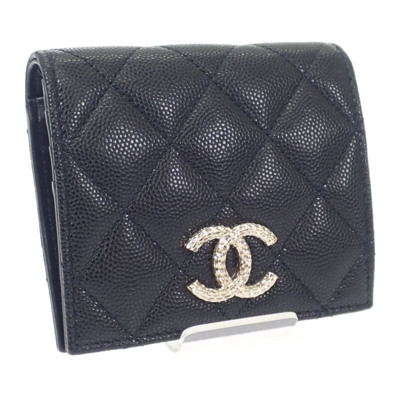 Chanel Quilted Compact Wallet Bifold Caviar Leather Black Gold — view 2