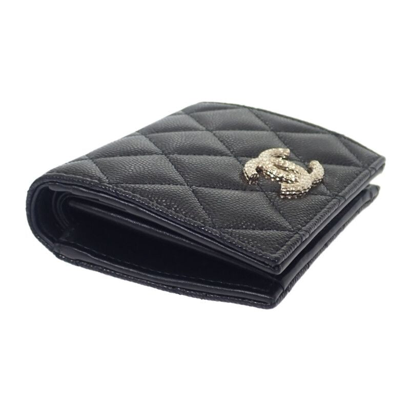 Chanel Quilted Compact Wallet Bifold Caviar Leather Black Gold — view 4