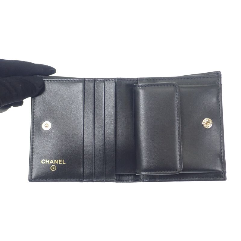 Chanel Quilted Compact Wallet Bifold Caviar Leather Black Gold — view 5