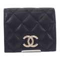 Chanel Quilted Compact Wallet Bifold Caviar Leather Black Gold