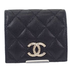 Chanel Quilted Compact Wallet Bifold Caviar Leather Black Gold