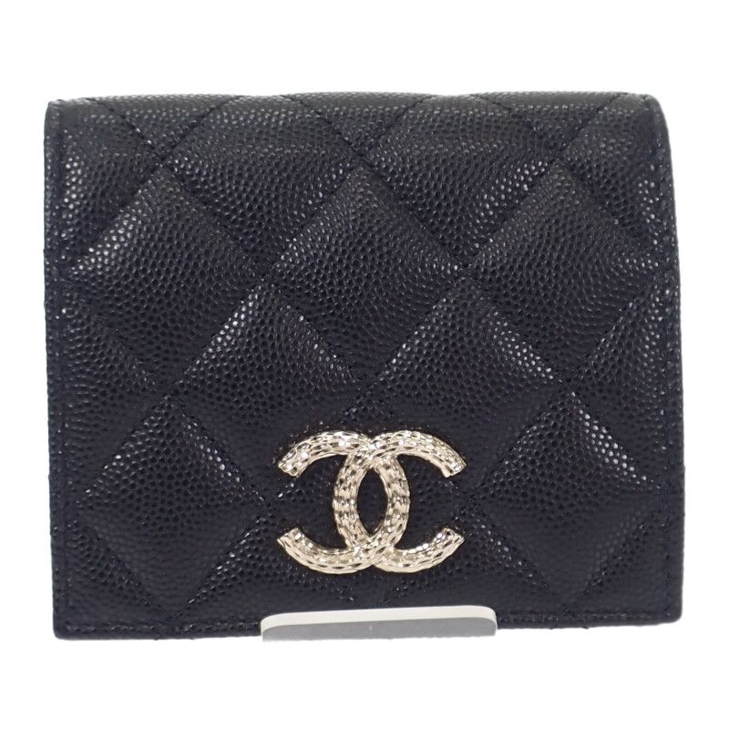 Chanel Quilted Compact Wallet Bifold Caviar Leather Black Gold