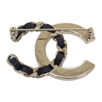 Chanel CC Logo Brooch Metal Leather Crystal Gold — view 3