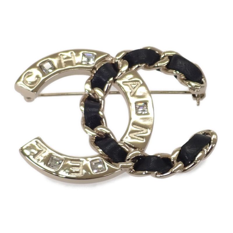 Chanel CC Logo Brooch Metal Leather Crystal Gold