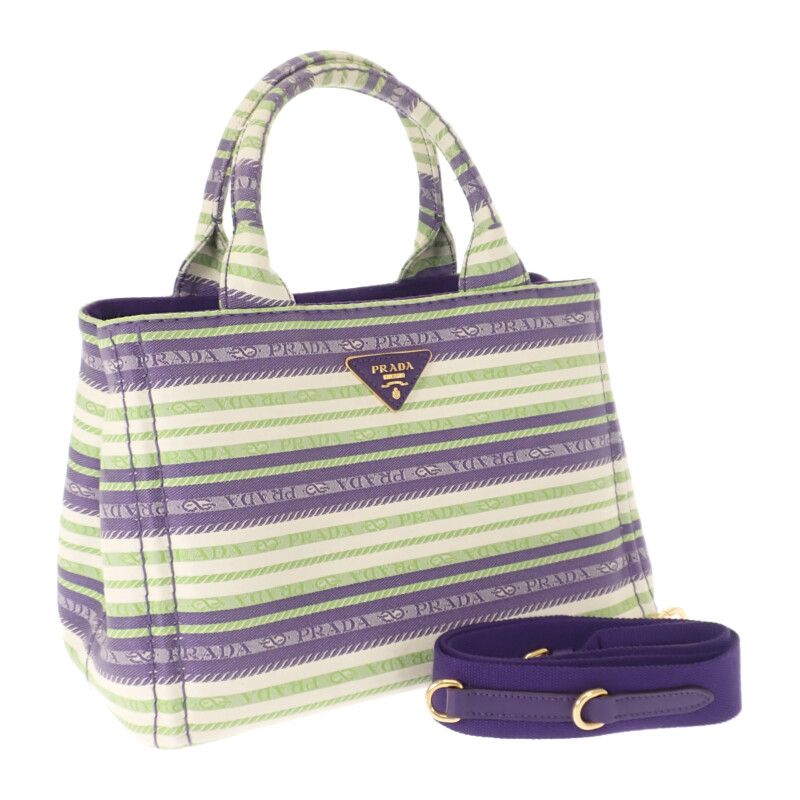 Prada Canapa Tote Border 2-Way Shoulder Bag Canvas Purple Green Gold